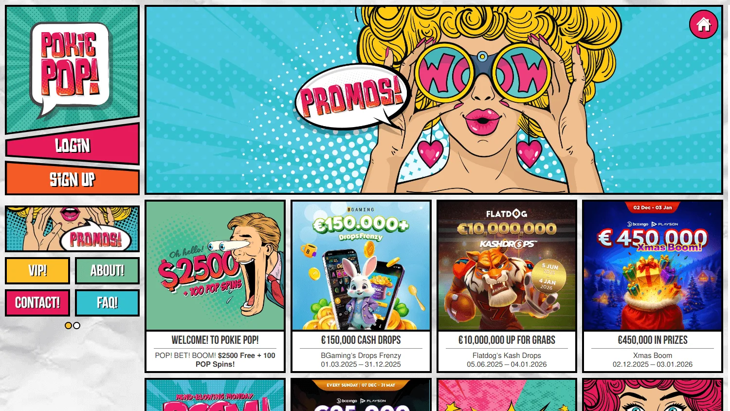 Pokie Pop Casino desktop promotions interface with casino rewards