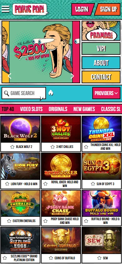 Pokie Pop Casino mobile home interface on a smartphone