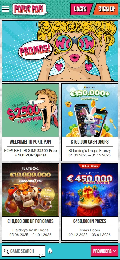 Pokie Pop Casino mobile promotions interface on a smartphone